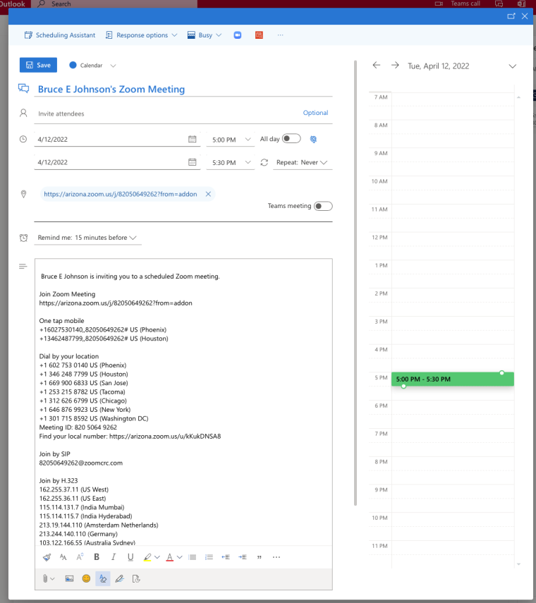 Zoom calendar invite